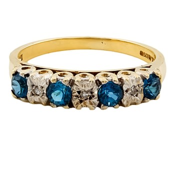 9ct gold Blue Topaz / Diamond 7 stone Ring size P